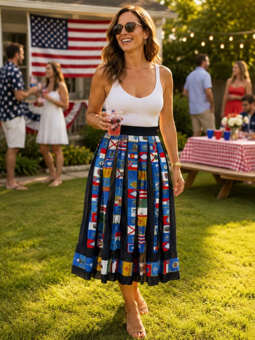 Vintage Louis Feraud Midi Skirt Sz 6 USA State Flag Novelty Print Patriotic